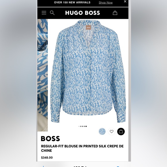 NWT!! HUGO BOSS Regular-Fit Blue + Cream Print Silk Crepe du Chine: SZ 14 - $348 - Picture 9 of 16